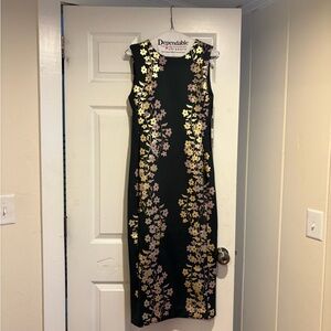 Cynthia Rowley Black Midi Sheath Dress with Yellow and Pink Floral Trim